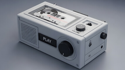 Obraz premium Retro Portable Cassette Player and Recorder with Visible Tape on Grey Background