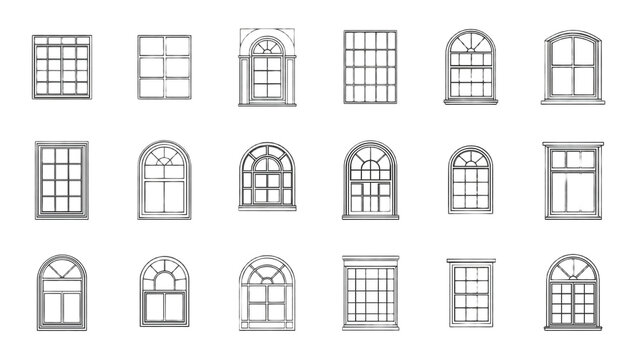 Collection of diverse window designs, architectural styles from classic to modern. Clean monochromatic vector illustrations for building concepts and graphic design projects