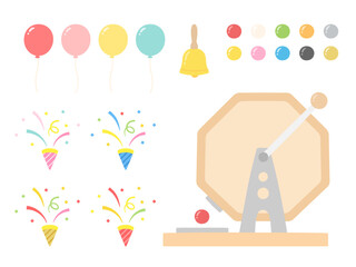 抽選会のガラガラ ガラポン抽選機と玉とベル、風船とクラッカーのセット