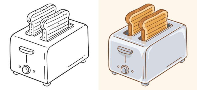 Vector illustration of a kitchen toaster with two slices of toast. Includes a colored version and a black and white line art version. Ideal for breakfast menus, kitchen icons, and culinary designs.