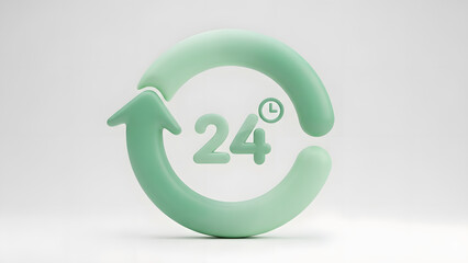 24/7 Service Icon. Mint Green 3D Render with Circular Arrow and Clock. Continuous Availability Concept.