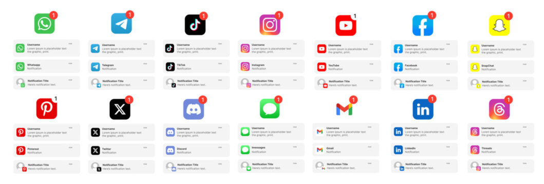  iOS notification mockup. WhatsApp, TikTok, Facebook, Instagram, YouTube, Telegram, Gmail, Discord, x, iMessage & LinkedIn iOS notification UI mockup template. chat alerts, message UI mockup