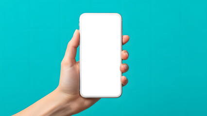 Hand holding modern white smartphone with blank screen on vibrant teal background for app display or mockup
