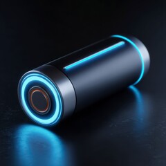 Illuminated Tech Cylinder: A sleek, futuristic metallic cylinder with vibrant blue and orange light accents rests on a dark, textured surface, showcasing modern technology and design.