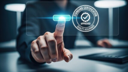 Hand interacts with screen displaying 'Approved' standard certification seal