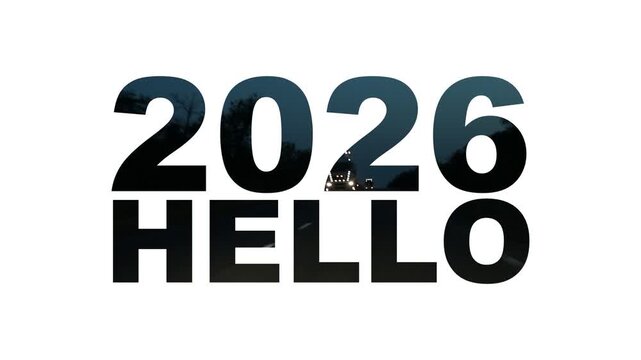 The text 2026 and the word hello with a night road inside the numbers, a symbol of the new year, moving forward, the beginning of a journey, Happy New Year