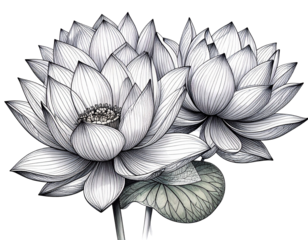 Hand-Drawn Lotus Flowers in Line Art Style, Isolated Transparent PNG, Generative AI