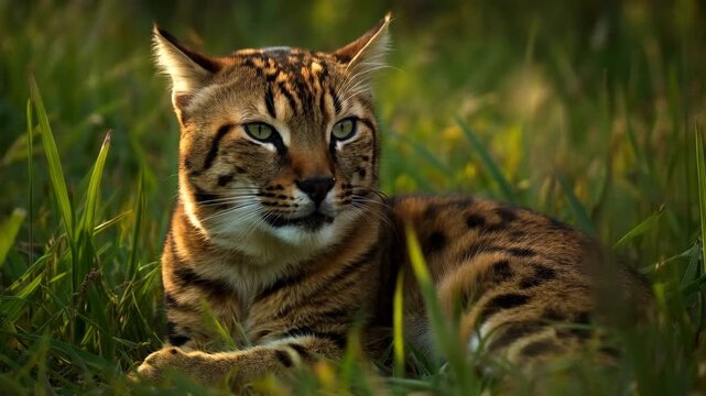 A wild cat with striped and spotted fur rests in a field of green grass during golden hour