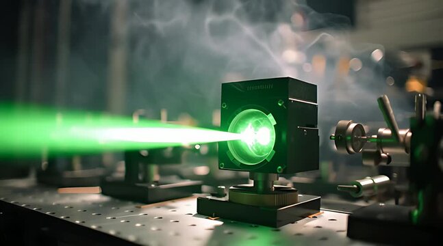 An intense green laser beam passing through optical components in a smoky research laboratory, visualizing the path of light for a physics experiment