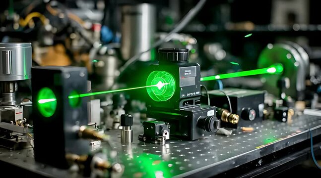 Green laser experiment, Optical breadboard setup, Visible laser beam, Photonics laboratory, Light path visualization, Laser, Beam, Light, Optics, Optical, Lens, Mirror, Beam splitter, Science, Physics