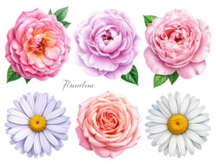 Floral Illustration Set with Dew Drops, Botanical Flowers Clipart, Isolated PNG