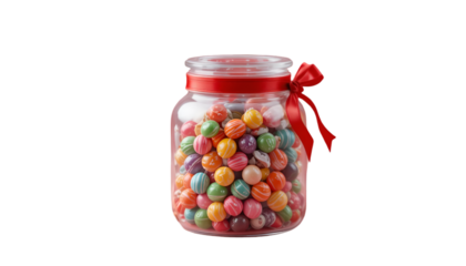 Colorful candies in a clear jar with a red ribbon