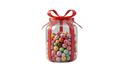 Colorful candies in a decorative glass jar with red ribbon