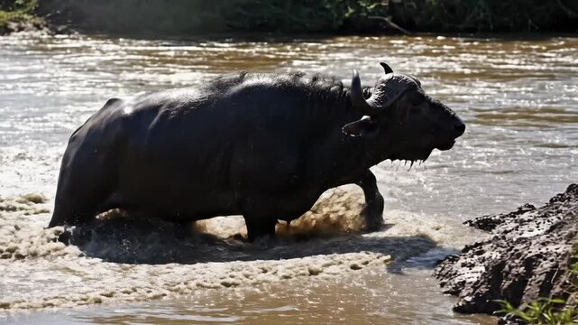 Cape Buffalo Crossing River with splashing water