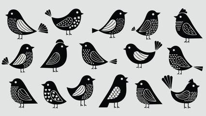 Charming Black Bird Vector Set Minimalist Stylized Illustrations Cute Folk Art Inspired Designs Perfect for Creative Projects