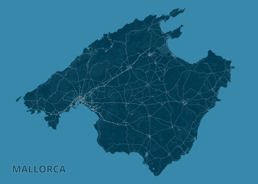 Map of Mallorca Island. The island is rendered in a dark teal color, with a network of white lines representing roads and pathways across the terrain.