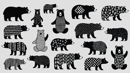 Stylish Black and White Bear Vector Collection Scandinavian Folk Art Patterned Woodland Animals Illustration Set