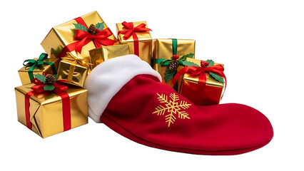 Christmas stocking with golden gifts and red ribbons on white background