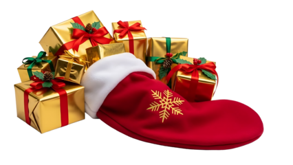 Christmas stocking with golden gifts and red ribbons on white background