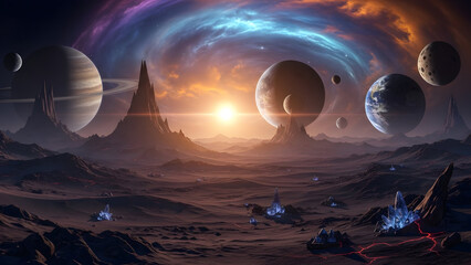 Vibrant Cosmic Landscape - Planets, Nebulae, and a Distant Sun.