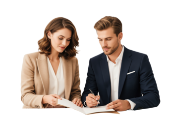 Attorney and client reviewing contract details during legal consultation for real estate transaction and loan agreement signing or estate planning session with document examination