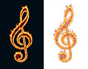 Burning treble clef fire music emblem for concert promotion, recording studio signage and rock festival announcements with copy space background for audio marketing and event publicity