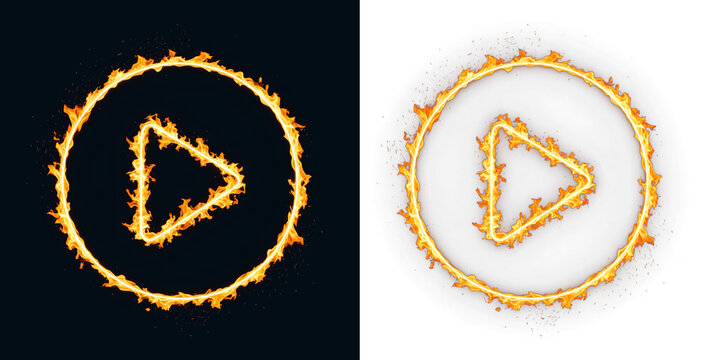 Burning play button with hot fire flame effect for video streaming service and digital media production to represent viral content marketing or popular movie premiere on cinema platform application - Powered by Adobe