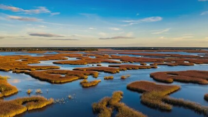 Aerial shot of interconnected bodies of water surrounded by marshland with vibrant colors from vegetation under a clear sky.