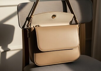 Minimalist beige leather handbag on a chair, contemporary still life