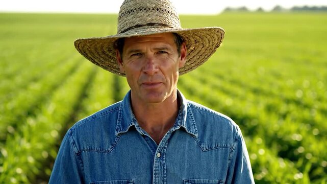 Man in straw hat and denim shirt speaks with field background. The sun creates a warm effect