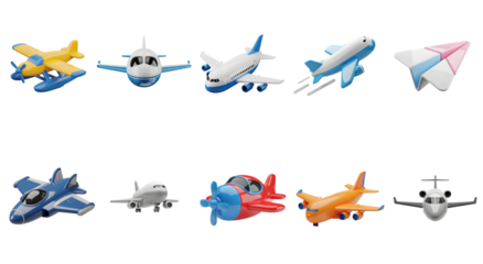 Colorful 3D pastal color toy airplanes in various shapes and sizes transparent background