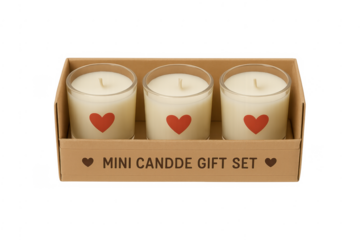 Romantic mini candle gift set with hearts on transparent background
