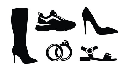 Black silhouettes of footwear and jewelry on white background vector