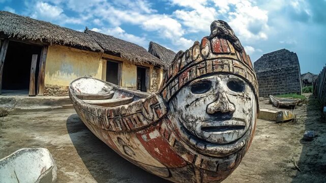 A captivating mosaic of a boat etched into the wall of a ruined structure.