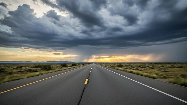 A long empty road stretches towards the horizon under dramatic, stormy skies with sunlight beams