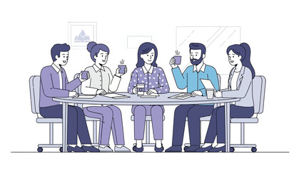 Modern team meeting with diverse professionals discussing ideas over coffee in a corporate office