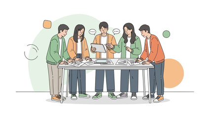 Collaborative Group of Young Students Discussing and Sharing Ideas Around a Study Table in a