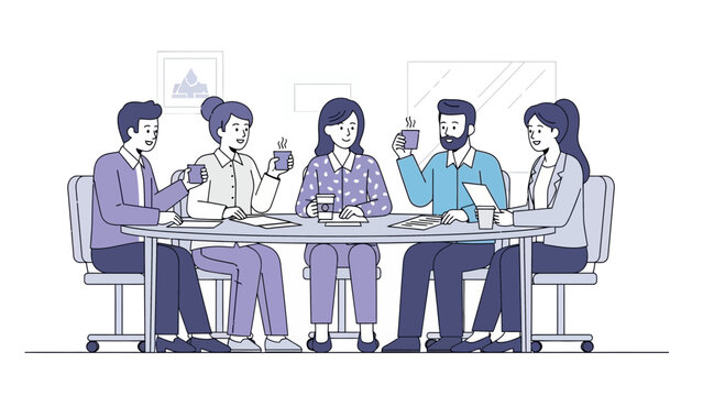 Modern team meeting with diverse professionals discussing ideas over coffee in a corporate office - Powered by Adobe