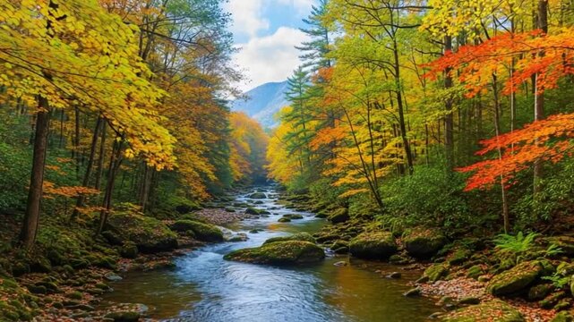 Autumnal River Flow: A picturesque river snakes through a forest, the banks adorned with trees ablaze in the vibrant hues of autumn, creating a serene and picturesque landscape.