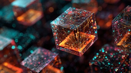 Connected digital cubes forming an intricate network with glowing lines, futuristic technology concept for data visualization, networking, and advanced digital systems
