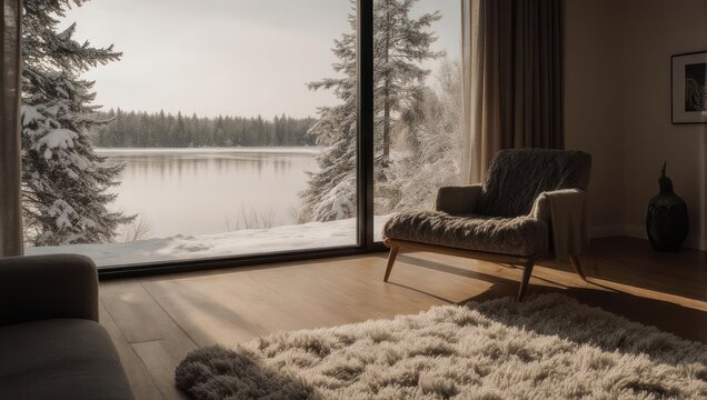 Cozy modern living room with a large window overlooking a snowy winter lake.