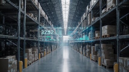 Vast smart warehouse with digital holographic real-time inventory data displays - Powered by Adobe