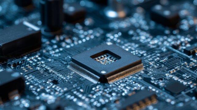 Futuristic cybersecurity concept featuring glowing electronic circuit board with central processor and interconnected blockchain technology network for advanced digital security and data protection - Powered by Adobe