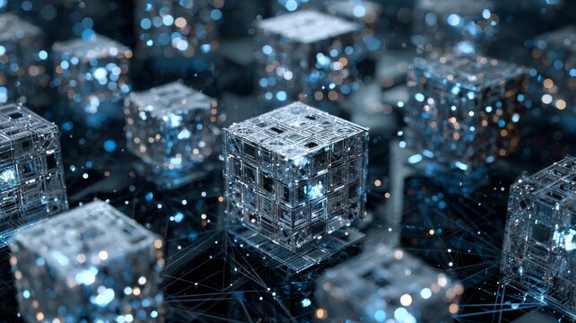 Connected digital cubes forming an intricate network with glowing lines, futuristic technology concept for data visualization, networking, and advanced digital systems - Powered by Adobe