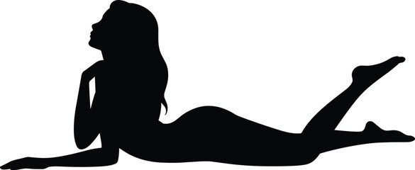 Black silhouette woman lying down on stomach relaxing pose vector illustration beauty model design graphic element isolated on white © Azijul