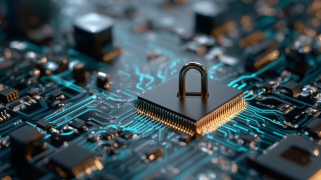 Futuristic cybersecurity concept featuring glowing electronic circuit board with central processor and interconnected blockchain technology network for advanced digital security and data protection - Powered by Adobe