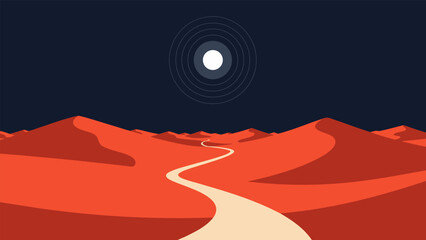 Stylized desert night scene with winding path through vast sand dunes under a concentric moon, a serene journey illustration © Beny Qurdy