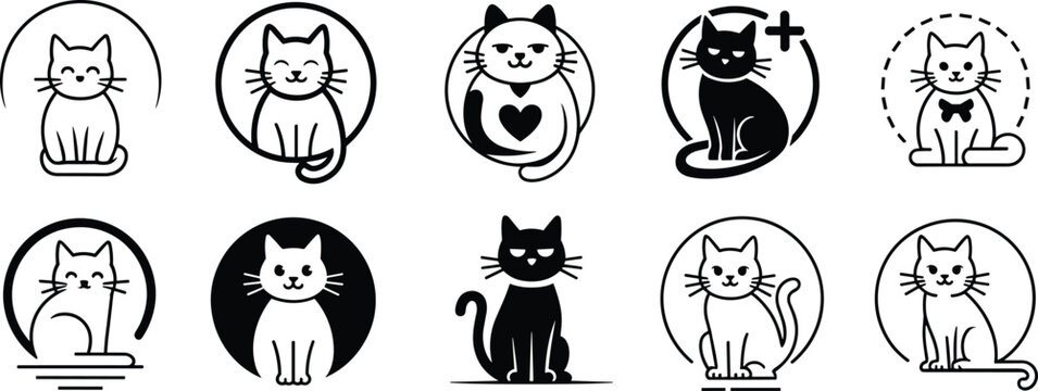 Cute cat logo and icon set with line art and solid styles, adorable feline characters in circular frames isolated on white background