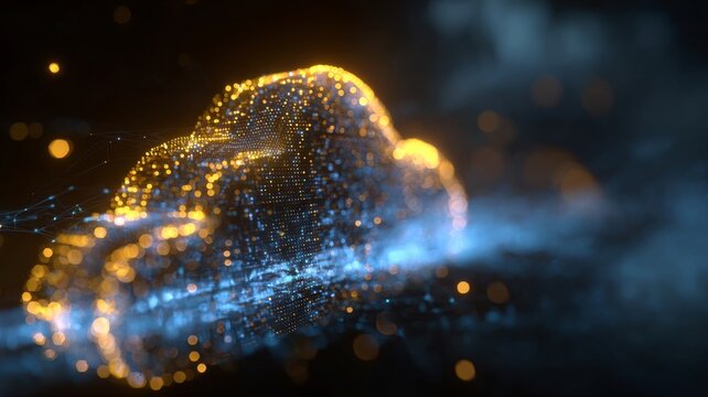 Futuristic cloud computing technology with holographic cloud icon, digital data flow, blue and gold light, abstract cyber code background, online information network and web connectivity concept - Powered by Adobe