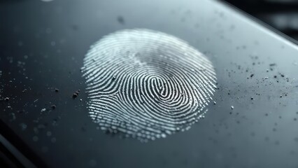 Close up of a fingerprint on a dark surface with water droplets.